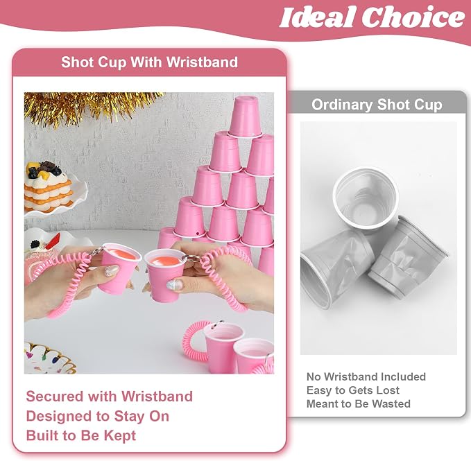 100 Pcs Pink Shot Cups with Wristband for Party 2oz Plastic Shot Glasses Bulk Disposable Mini Shot Glasses with Bracelet Wear On Solo Cups for Festival Birthday Favor Wedding Bachelorette Party