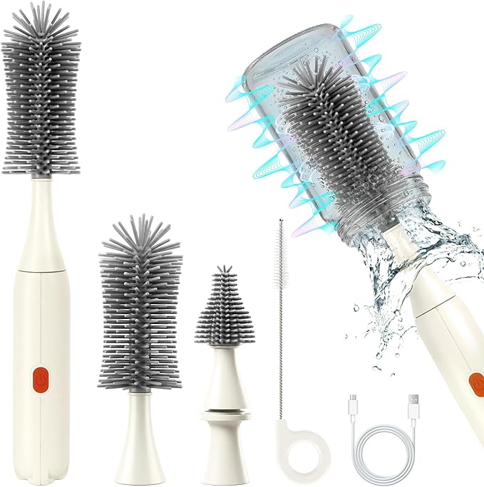 Electric Bottle Brush Cleaner Set, USB Rechargeable 360° Spin Baby Bottle Cleaner with 2 Brush Heads & Straw Brush, Waterproof, High/Low Speed, Portable Travel Cleaning Kit, White