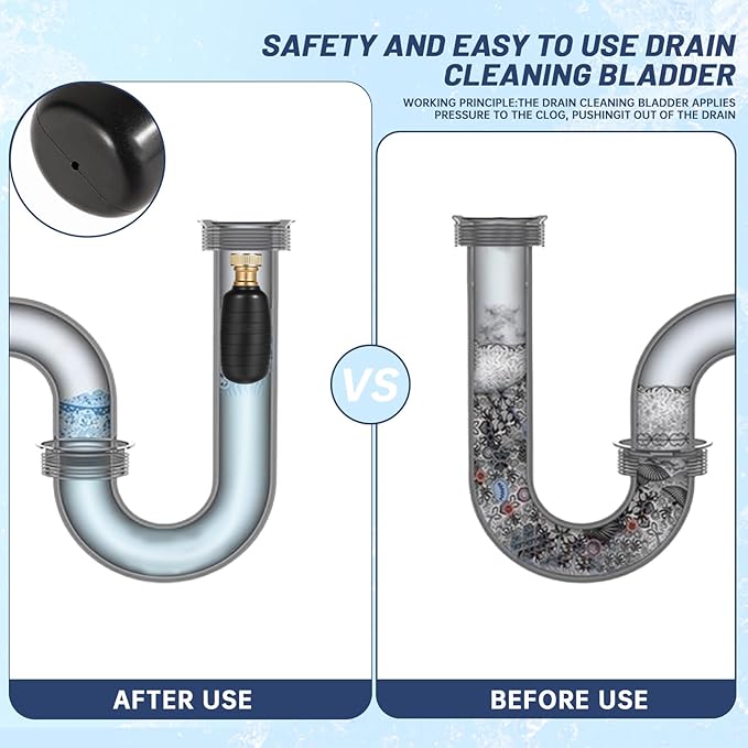 Drain Bladder Kit, Drain Cleaning Bladder with Water Stop Valve Faucet Adapter and 16 3/8ft Garden Hose, Drain Blockage Unclog Kit for Bathroom Drains Kitchen Sinks, For 1 To 6 IN Drain Pipes