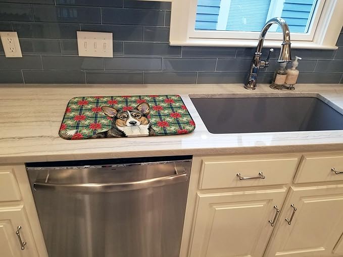 Caroline's Treasures Brindle Cardigan Welsh Corgi Christmas PoinsettIas Dish Drying Mat Absorbent Dish Drying Mat Pad for Kitchen Counter Dish Drainer Mat for Countertop, 14 x 21", Multicolor