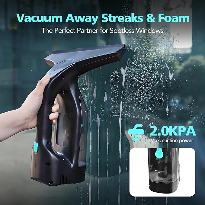 Window Vacuum Cleaner Kit Cordless, 35Min Runtime & 2 Suction Nozzles Cleaning Tool, All-in-One Electric Squeegee Spray Kit for Streak-Free Windows Washing, Shower Glass, Mirrors,Car