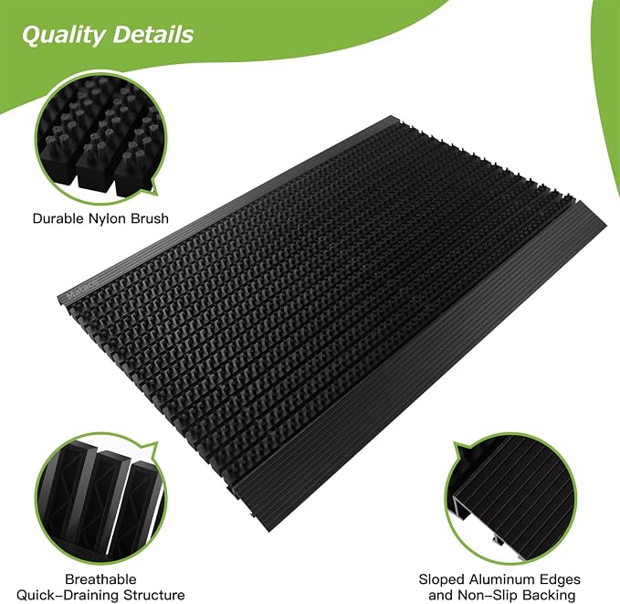Matace 35.4x22.2 Heavy Duty Aluminum Outdoor Doormat, 100% Nylon Brush, All-Season, All-Weather, Waterproof, Non-Slip, Noiseless, Front Door, Porch, Garage, Mud Room, Patio Entrance Door Mat, Black
