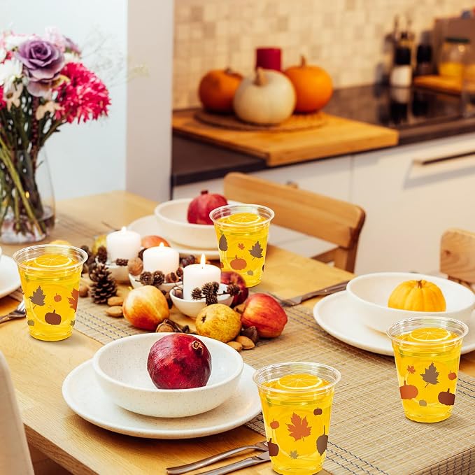 Uiifan 50 Pcs Fall Pumpkin Cups Bulk 12 oz Thanksgiving Disposable Plastic Drinking Cups Fall Party Clear Drinkware Pumpkin Maple Leaf Decoration for Autumn Harvest Thanksgiving Wedding Party Supplies
