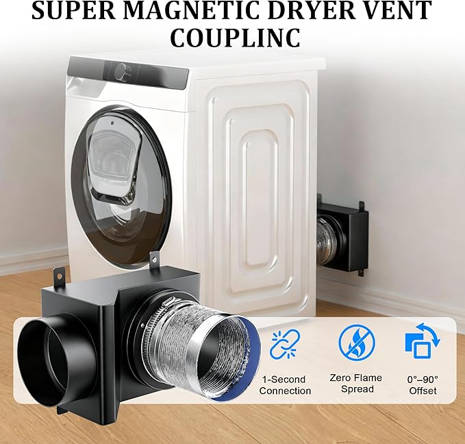 Magnetic Dryer Vent Coupler, 90 Degree Elbow Dryer Vent Connector Kit with Strong Magnetic Self-Connection, Stainless Steel Airtight Seal Dryer Venting Kit Includes 2.6ft 4IN Duct & Clamps