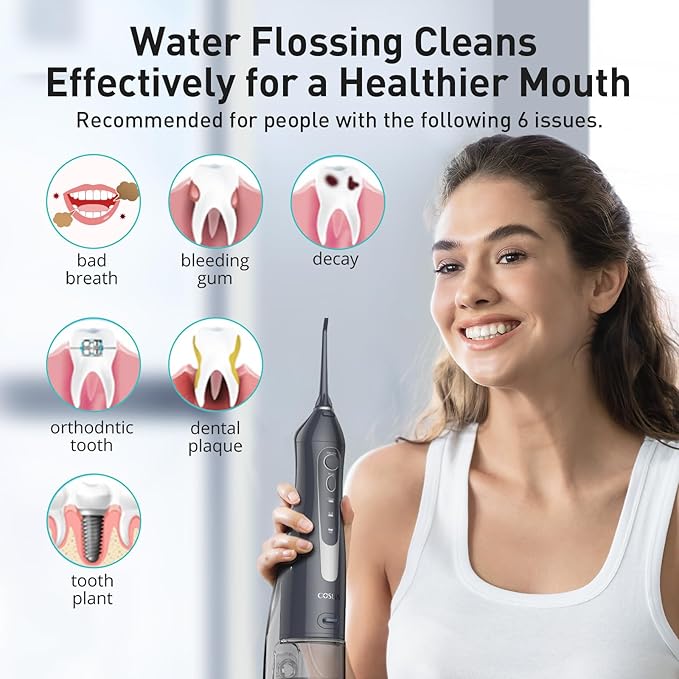 COSLUS Water Dental Flosser Teeth Pick C20: Portable Cordless Oral Irrigator 300ML Rechargeable Travel Irrigation Cleaner IPX7 Waterproof Electric Flossing Machine for Teeth Cleaning, Grey