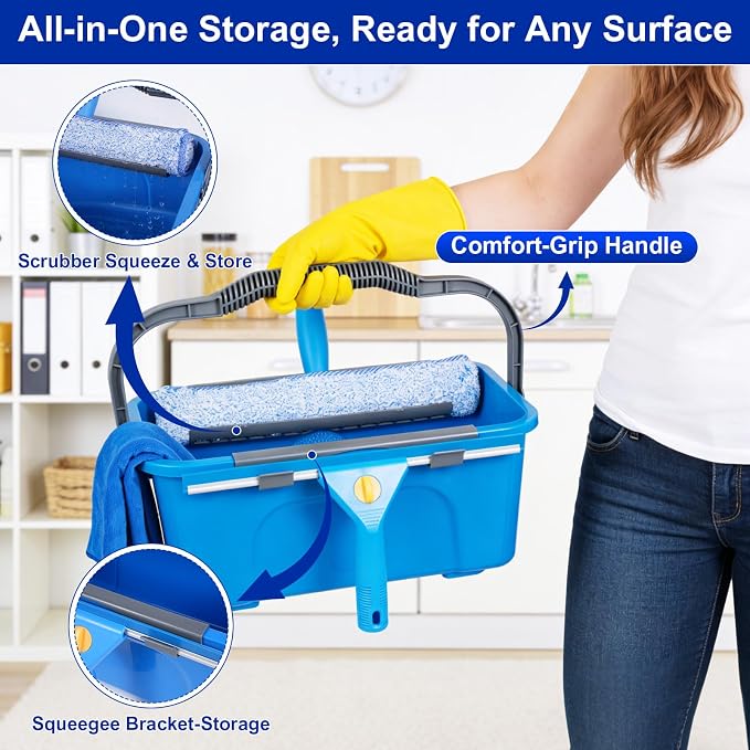 Professional Window Cleaning Kit, Window Washing Kit with 3 Gallon Bucket, 14-Inch Squeegee & 15-Inch Scrubber, 61-Inch Extendable Pole, Window Cleaning Equipment for Home & Commercial (61 inch-2)