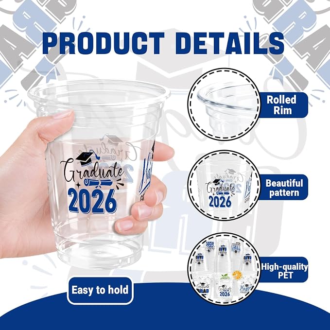 100 Pack Graduation Plastic Cups 12 oz Blue Disposable Class of 2026 Decorations Graduation Party Favor Drinking Beverage Cup for Party Supplies Decorations