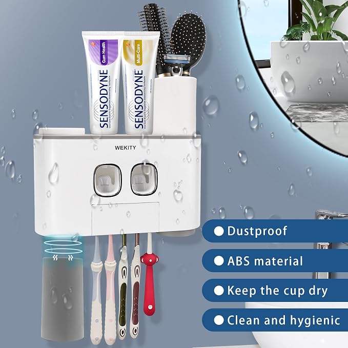 Toothbrush Holder Wall Mounted, WEKITY Multi-Functional Toothbrush and Toothpaste Dispenser for Bathroom, with 5 Toothbrush Slots and 4 Wall Adhesives, 2 Toothpaste Squeezers and 4 Cups