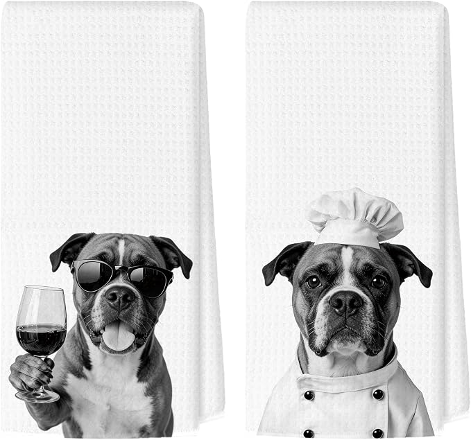 Funny Boxer Kitchen Towels Set of 2, Dog Kitchen Bar Accessories, Dog Chef Gifts for Women Decorative Hand Towels for Kitchen Decor, Boxer Lovers Dish Tea Towel, 16x24 Inch