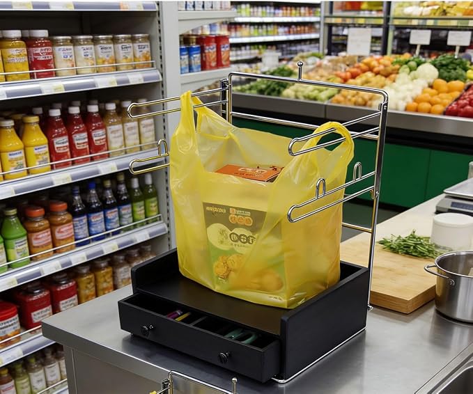 T-shirt Shopping Bag Holder Shopping Bag Dispenser, Grocery Store Plastic Bag Rack, Plastic Bag Organizer with Wooden Drawer Base for Grocery Store, Supermarket, Restaurant, Kitchen, Garage, Business
