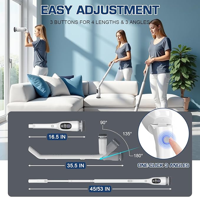 Electric Spin Scrubber, 200Mins Runtime Bathroom Scrubber with 3-Speed & LCD Display, Full-Body IPX7 Shower Scrubber with 8 Heads for Bathtub Kitchen Floor Grout, 53IN Extendable Handle