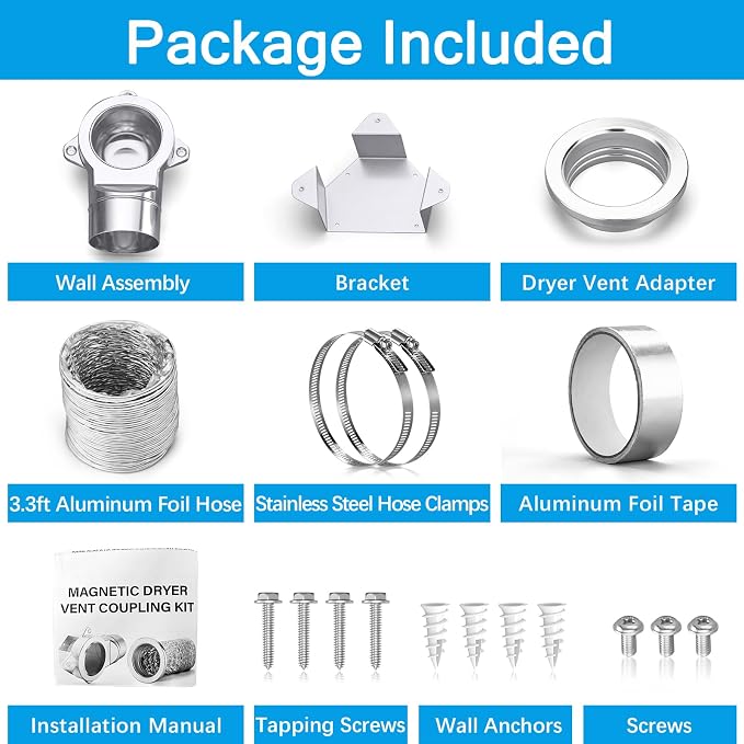 Magnetic Dryer Vent Connector Kit, Easy to Clean Quick Connector 90° Dryer Vent Coupling with 3.3ft of 4" Hose and 2 Clamps