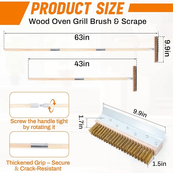 Reallnaive 2 Pack 63 Inch Wood Handle Pizza Oven Brush with Scraper Outdoor Pizza Oven Cleaning Brush Tool, Aluminum Threaded Tip, Brass Bristles with Steel Scraper