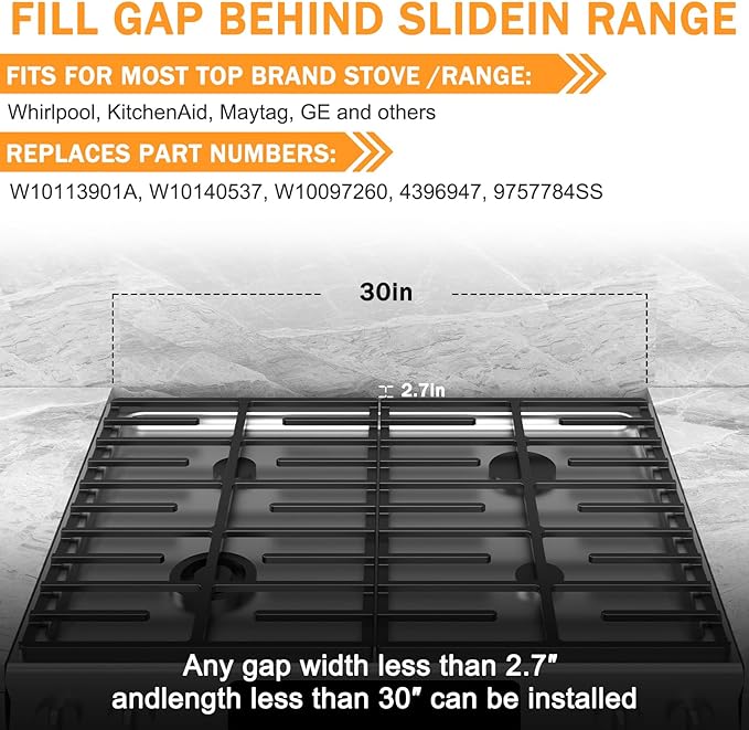 30" Slide-in Range Rear Filler Kit W10113901A, Stove Gap Universal Triangular Filler Strip, Top Trim Kit Between Stove and Wall for Whirlpool & Most Brand, Aluminum Gap Cover Black