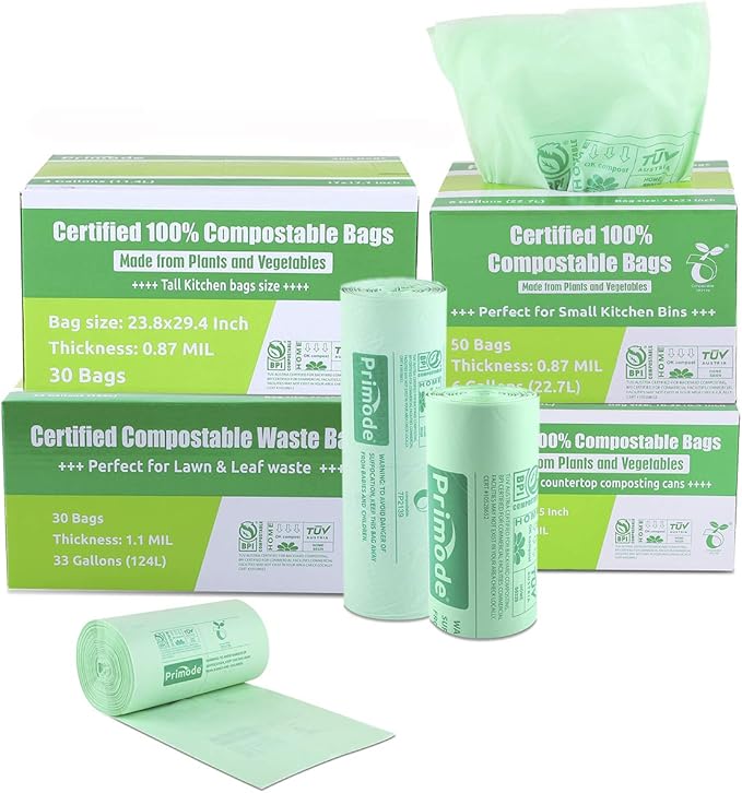 Primode Compostable Trash Bags 13 Gallon | 30 Count Tall Kitchen Compost Bags, Food Waste Bags, Certified Compost Bags, Certified by BPI and by TÜV AUSTRIA, Extra Thick 0.87