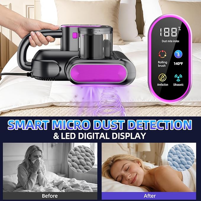Mattress Vacuum, 15kPa Bed Mattress Cleaner with Super Suction and 275nm Uv-C Light,500W Handheld Mattress Vacuums for Bed Sofa Furniture Crib, Replacement Filter Included(Corded，38000RPM)