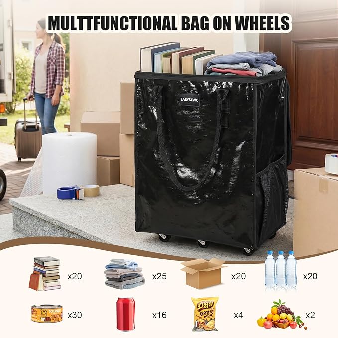 Large Reusable Hauler Rolling Tote Bag, Collapsible Portable 99L Shopping Bag Cart Tote Bag with Wheels for Groceries, Organization Bag, Heavy Duty Utility Bag with Wheels, Travel, Moving