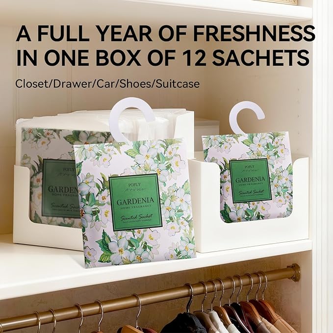 12 Pack Gardenia Scented Sachets, Long-Lasting Fresh Scent, Air Freshener for Closet & Drawers, Hanging Deodorizer for Home