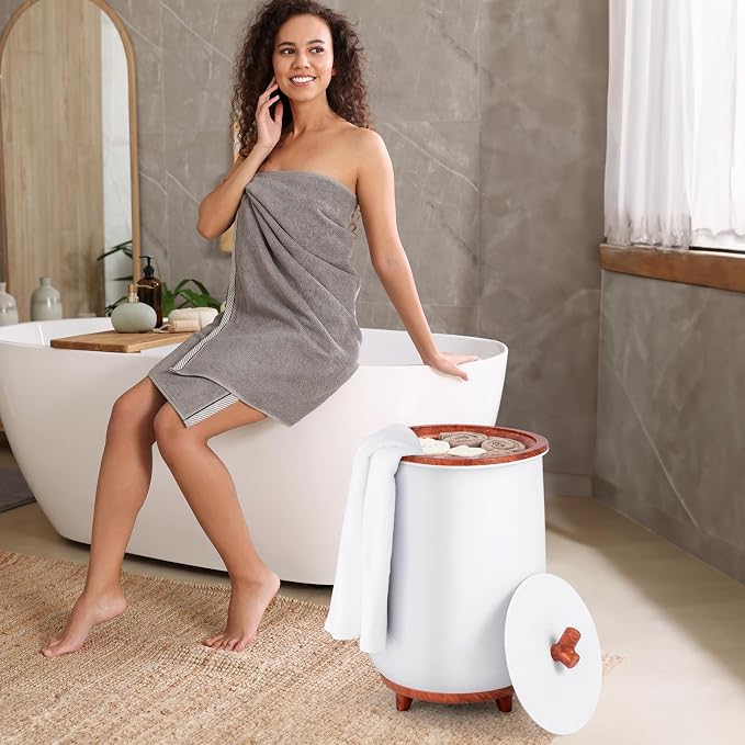 Giantex Towel Warmer Bucket, 23L Large Hot Towel Bucket for Bathroom Spa, Wood Handle, 3 Heating Modes, Adjustable Timer & Auto Shut Off, Fits Up to Two 40" x 70" Oversized Towels, Blankets, Brown