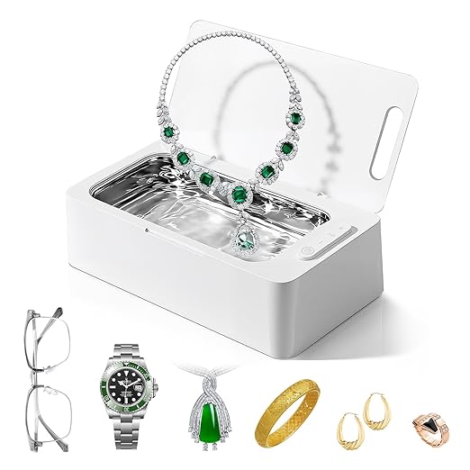 Ultrasonic Jewelry Cleaner Pro for Silver，Eyeglasses, Rings, Retainers, Dentures，Watch Strap, 3 Timer Modes，450ml Capacity (White)