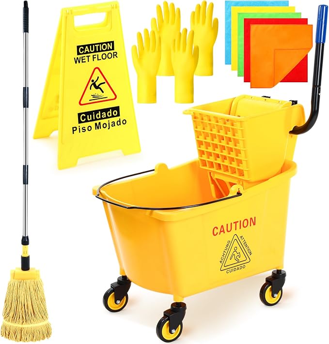 Maxdot 35 Quart Commercial Mop Bucket with Side Press Wringer on Wheels 10 Pcs Set Yellow Industrial Mop and Bucket with Caution Sign 5 Microfiber Cleaning Rag and 2 Gloves Set for Floor Cleaning