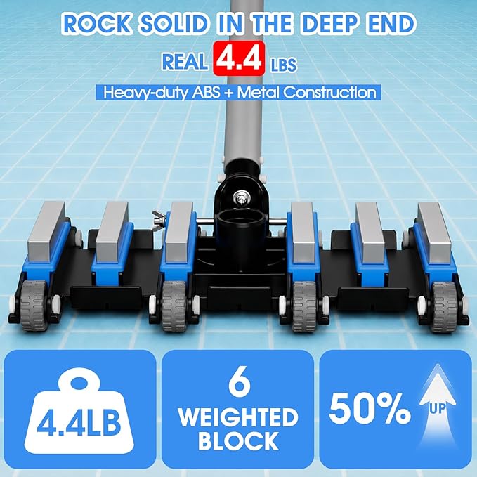 Commercial-Grade 4.4 LB Weighted Pool Vacuum Head & Swivel Handle - Lab-Tuned Brush,Debris Guide & Vinyl-Safe Wheels for High-Efficiency Cleaning,Inground & Above Ground Swimming Pools –Blue