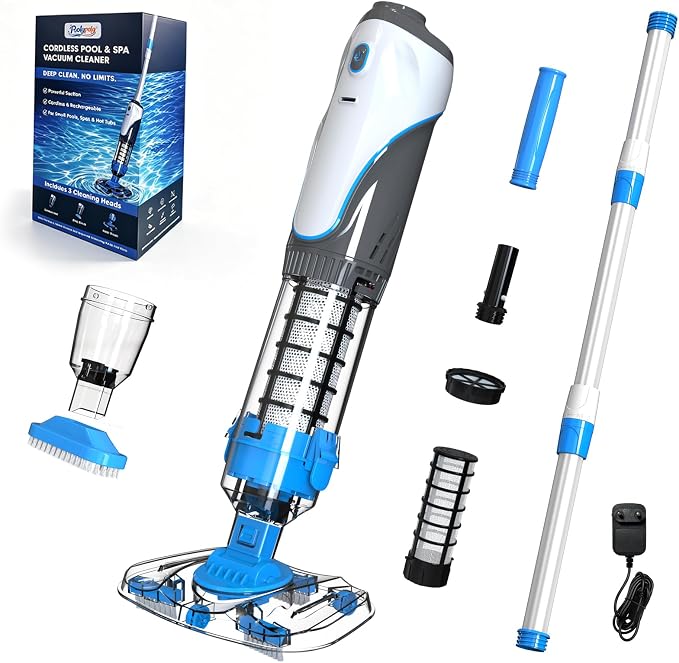 Cordless Pool Spa Vacuum Cleaner Rechargeable Handheld Pool Vacuum with 60-Min Runtime Dual Filtration 3 Cleaning Heads Telescopic Pole for Sand Leaves Hot Tubs Above Ground & Small Pools