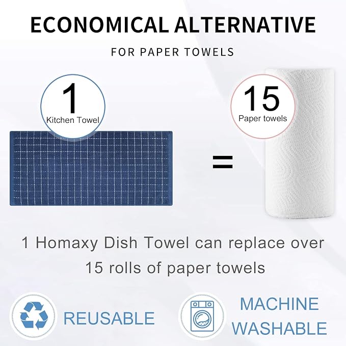Homaxy Kitchen Towels and Dishcloths Set, 12 x 12 and 13 x 28 Inches, Set of 16 Bulk Cotton Terry Kitchen Towels Set, Checkered Designed, Soft and Super Absorbent Dish Cloths, Navy Blue