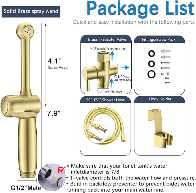 SonTiy Handheld Bidet Toilet Sprayer, Brass Cloth Diaper Sprayer Hand Held Bidet Attachment Jet Spray for Toilet with Backflow Preventer, 59" PVC Shower Hose and Shut Off Valve, Brushed Gold