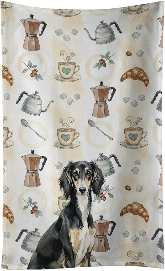 Caroline's Treasures Black and Tan Saluki Coffee Bar Kitchen Towel Velour Plush Front and Cotton Loop Back Machine Washable