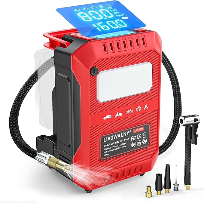 5X Faster Tire Inflator Air Compressor, LIVOWALNY 160PSI Cordless Air Pump Compatible with Milwaukee 18V Battery with Digital Pressure Gauge, Deflator & Auto Shut-Off for Car, Bicycle (Tool Only)
