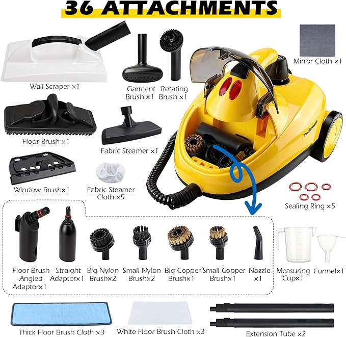 1500W Steam Cleaner 36-Piece All-in-One Attachments Kit, 99% Sanitization, 22ft Reach, 360° Rotating Brush for Home/Car/Tile/Grout/Wallpaper Removal, Chemical-Free Cleaning (36 in 1)