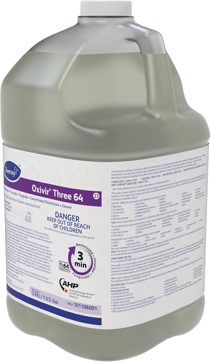 Diversey 101106001 Oxivir Three 64 Liquid Disinfectant Powered by Accelerated Hydrogen Peroxide (AHP), Unscented, Concentrate, 1-Gallon (Pack of 4)