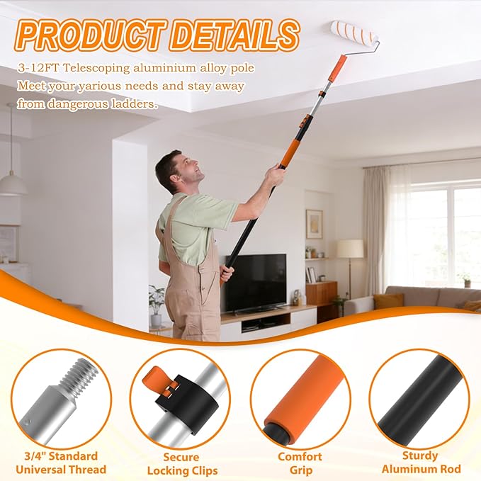 SISUPASSIE Telescoping Extension Pole, Reach to 20FT Telescoping Pole Multi-Purpose 3-12FT Lightweight, Sturdy with Universal Twist-on Metal Tip Extendable for Dusting Painting Window Cleaning