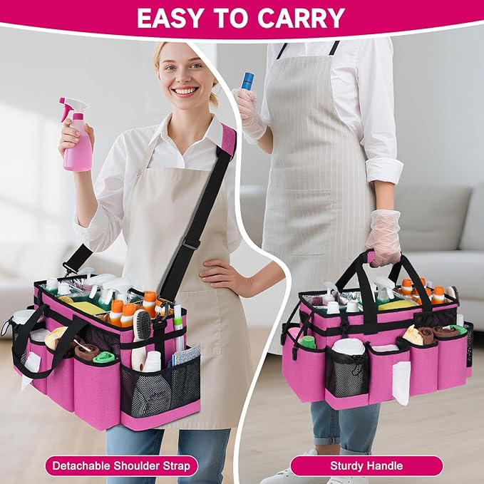Cleaning Caddy Bag, Extra Large Cleaning Supplies Organizer for Housekeepers, Housekeeping Caddy with Handle and Detachable Padded Cushion, Pink