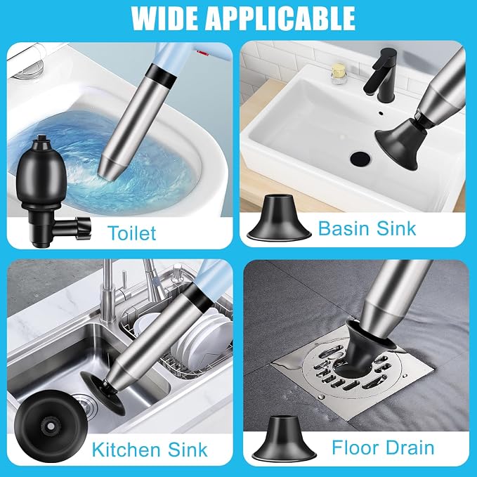 High Pressure Toilet Plunger Heavy Duty Air Drain Blaster with Real-Time Barometer Multi-Drain Clog Remover for Toilets, Sinks, Tubs & Pipes - Fast, Effective Unclogging Tool (Blue)