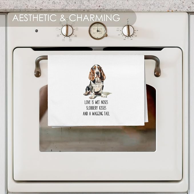 Basset Hound Kitchen Towel Gifts for Dog Lovers Decorative Set of 2, Bassett Hound Dish Towels Dishcloths Tea Towels, Basset Waffle Weave Microfiber Hand Towel for Kitchen Bathroom Decor 16x24