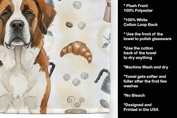 Caroline's Treasures Brown and White Saint Bernard Coffee Bar Kitchen Towel Velour Plush Front and Cotton Loop Back Machine Washable
