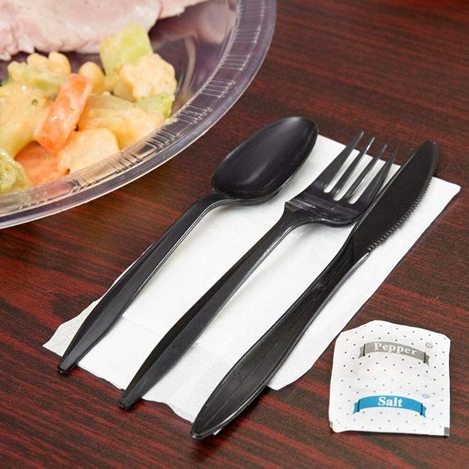 250 Plastic Cutlery Packets - Knife Fork Spoon Napkin Salt Pepper Sets | Black Silverware Sets Individually Wrapped Cutlery Kits, Bulk Plastic Utensil Cutlery Set Disposable To Go Silverware