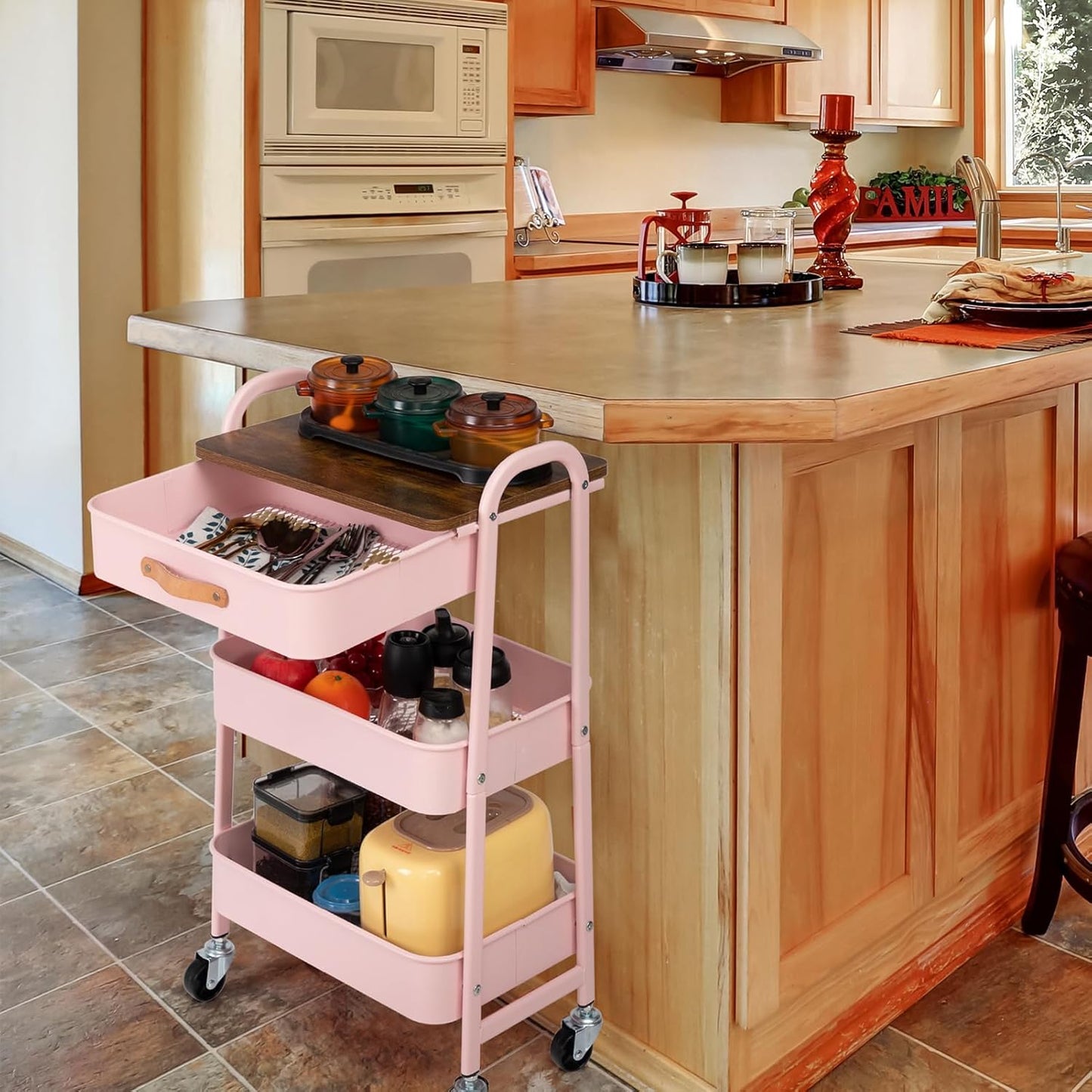 AGTEK Makeup Organizer Cart with Drawer, 3-Tier Metal Utility Cart with Hanging Cups, Leather Handle, Mobile Trolley for Home & Office, Pink