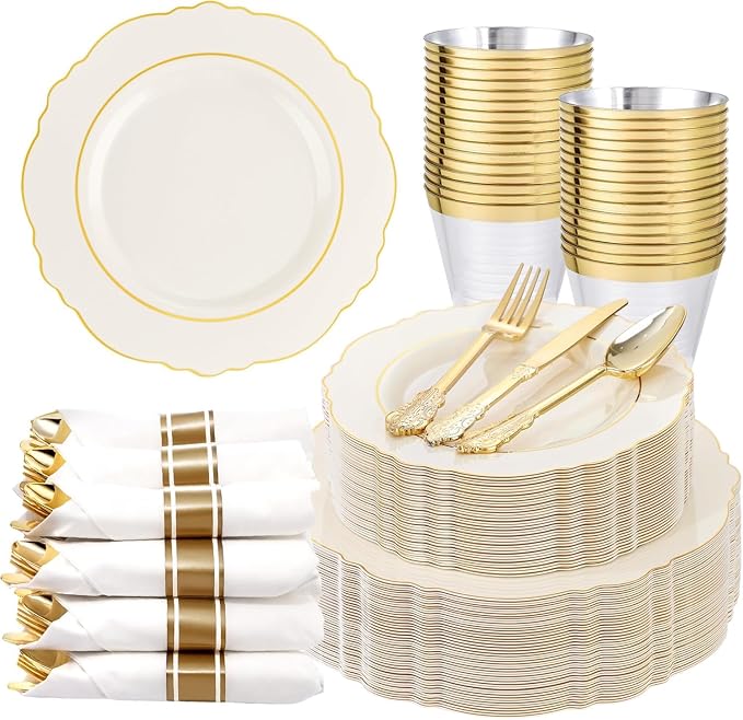 Liacere 350PCS Ivory Plastic Plates-Cream Disposable Plates With Gold Rim-50Guest Baroque Plastic Dinnerware include 100 Plates - 50 Pack Pre Rolled Napkins Silverware 50Cups for Wedding＆Party