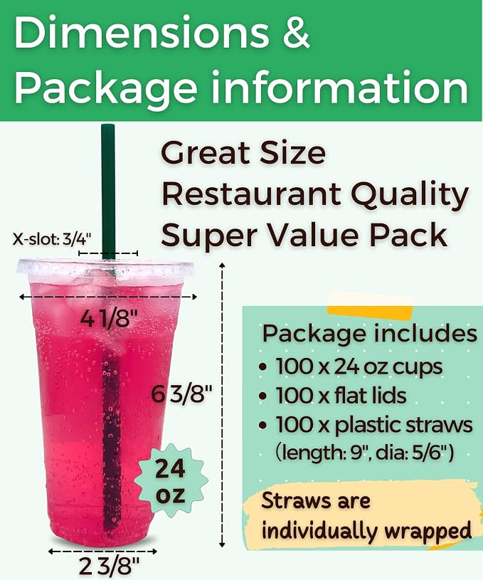 [100 Sets] 24 oz Clear Plastic Cups with Lids and STRAWS, Disposable Party Cups for To Go Iced Coffee Cold Drinks, Smoothie, Juice, Parfait, Frappuccino, Milkshake. No Leaking Fruit Cup