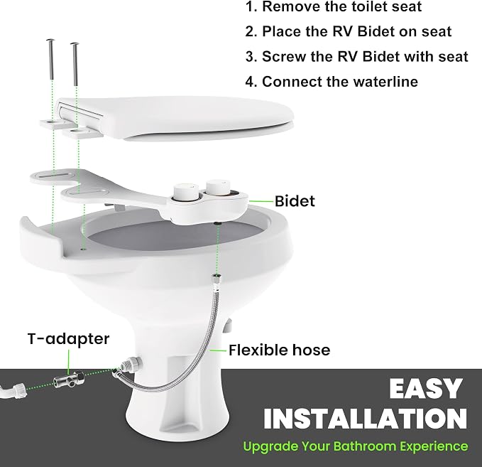 RV Bidet for Camper Toilet, Non-Electric Toilet Sprayer Attachment with Dual Nozzles, Adjustable Pressure, Front/Rear/Self Cleaning, Upgrade for Trailer, Motorhome, RV Bathroom (White-Black)