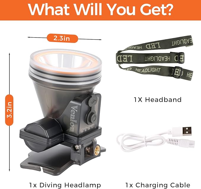 Rechargeable Diving Headlamp, IPX8 Waterproof Underwater Flashlight, 4 Modes with Battery Level Indicator,10H Runtime Scuba Dive Light with Battery & USB Charger Cable (Mode 301 White Light)