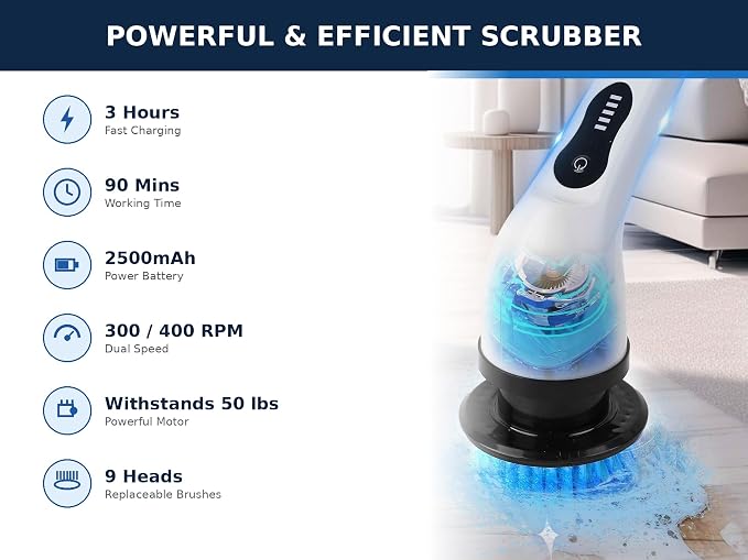 V.E.E Electric Spin Scrubber, Cleaning Brush Scrubber for Home, 400RPM/Mins-9 Replaceable Brush Heads-90Mins Work Time, 3 Adjustable Size, Multiple Speeds for Bathroom Shower Bathtub Glass and Car