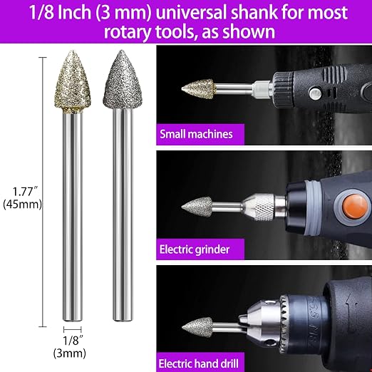 120-Grit Diamond Grinding Bit 1/8" Shank Compatible with Dremel Rotary Tool, 12Pcs Diamond Grinding Burrs for Stone Jade Glass Resin Metal Porcelain Ceramic Quartz Glaze Carving Engraving Polishing