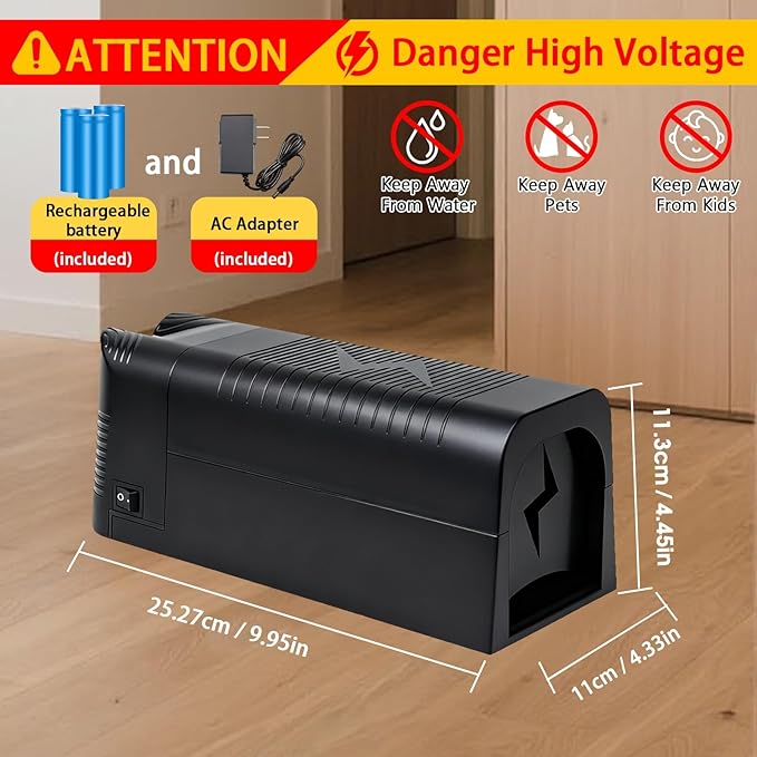 Electric Mouse Trap Zapper - High Voltage Rodent Trap for Indoor Use, Powerful Rat Zapper with Rechargeable Battery & Adapter, Electronic Mouse Killer for Mice & Small Rats, Enhanced Safety Design