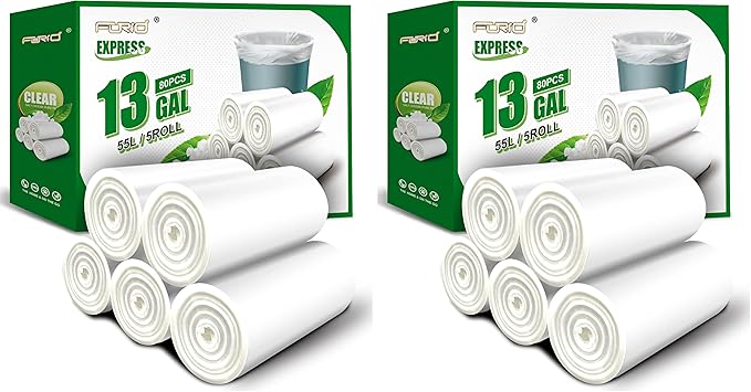 FORID 13 Gallon Trash Bags - Clear Plastic Garbage Bag Unscented Tall Medium Can Liners for Kitchen Office Home Waste Basket 5 Roll 55 Liters 80 Counts (Pack of 2)