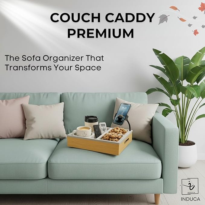 Couch Caddy with Cup Holder | Wood Couch Cup Holder Tray for Drinks, Snacks & Remotes | Couch Tray for Bed, Car Seat & Beach Organizer (Grey)