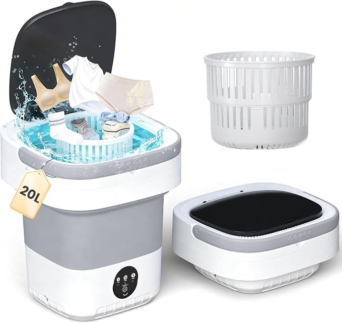 Portable Washing Machine 20L - Mini Washer with Spin Basket, 3 Cleaning Modes & Deep Wash for Small Clothes, Foldable Laundry for Apartment, Home, RV and Travel (Gray)